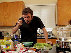 Food fetish video of a handsome guy cooking in the kitchen