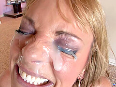 Messy facial ending for horny blonde cougar Shayla Laveaux. HD