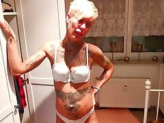 German skinny blond short hair tattoo teen at homemade POV amateur sex