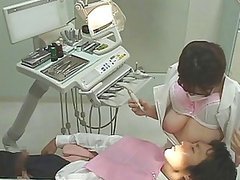 Vicious Japanese Dentist Jerks Off Her Clients While They Suck Her Big Jugs