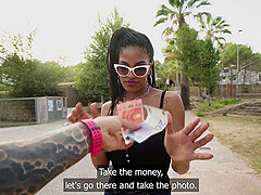 Provocative ebony Tina Fire teases and takes money to be fucked