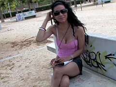 Big tits brunette girl bounces her shaved vagina on a hard cock