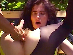 Skinny hairy bush flexible girl gets deep fingered and rough ass fucked in public by her big dick boyfriend