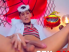 Brunette shemale enjoys while jerking off her hard penis