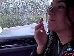 Brunette Aubry Babcock having fun while giving a blowjob