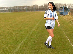 Solo soccer player Lexy takes off her uniform to masturbate