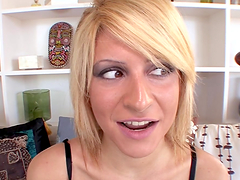 Blond babe fingers herself with a dick in her mouth