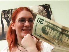 Glassed Redhead Teen Gets Paid To Have a Threesome With Two Old Men