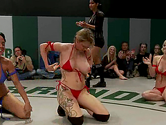 Nasty girls in bikini fight and lick each others pussies
