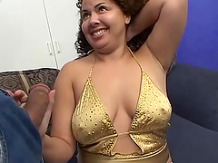 Chubby girl Jackie sucks two black dicks and gets fucked hard