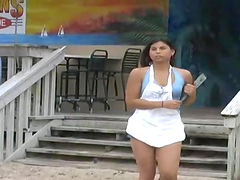 Yolanda pulls her thong aside to get her coochie pounded