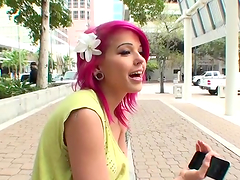Pretty girl with pink hair gives a handjob and gets rammed