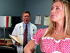 Hot blonde babe in a pink dress gets banged in an office