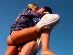 Horny Blonde Blows His Man In The Open