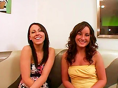 Brunette teen lesbian yelling while her pussy is drilled using toy