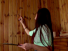 Stunning redhead hottie Mira Sunset sucks cock in the sauna