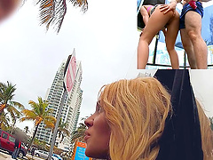 Hardcore sex and facial in a mirrored box on a public street