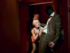 Blonde in stockings gives blowjob and creampied after doggystyle fuck in MMF clip