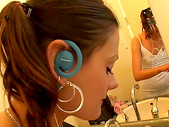 Randy teen slut in pigtail dildo fucking her pussy in masturbation