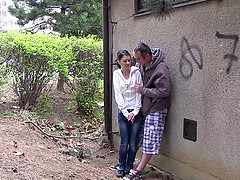 Exotic brunette teen in jeans getting her pussy fingered and banged hardcore outdoor