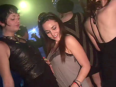 Endearing babes with small tits showcasing her shaved pussy in the club party