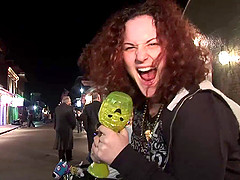 Appreciative babes with big tits getting wild at the street outdoor