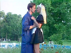 Alluring blonde babe in maid uniform enjoys getting pounded hardcore outdoors