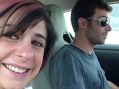 Sweet tities are bouncing in a car while a stud is driving