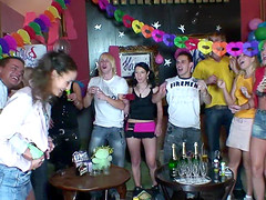 At a birthday party slutty chicks suck and fuck a male stripper