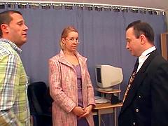 Nerdy secretary fucks all the guys in the office like a slut