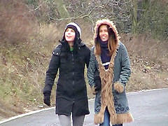 Hot Ffm anal threesome with a stranger on cold winter day