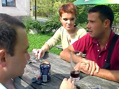 Redhead with short hair does really naughty things with two guys