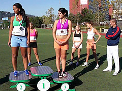 Female athletes thank their coach by fucking him after winning