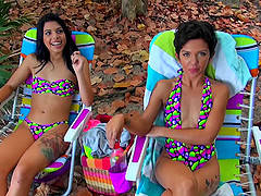 Cuties in colorful swimsuits picked up for a wild threesome