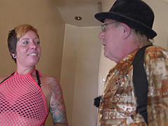 With a hooker he fucks her on the bed, floor and up against the wall