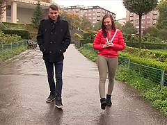 Brunette teen with natural boobs picked up in public