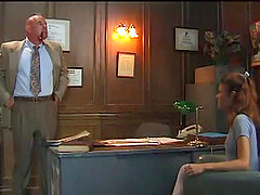 Thick old man dick fucks a skinny slut on his desk