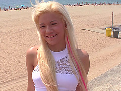 Scorching, sexy blonde flashes her thong before getting railed