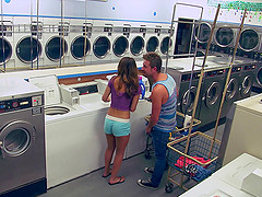 Heavenly brunette enjoys getting penetrated inside the washing room