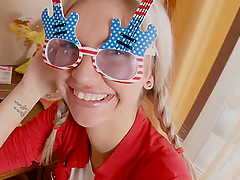 Joyful teen in pretty white stockings ass fucks a huge toy
