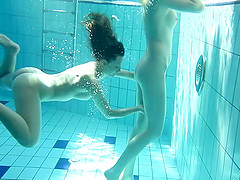 Two sexy babes grope each other while swimming in the pool