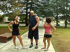 Brunette shading shorts then cock riding hardcore in threesome porn