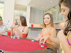 Curvy chicks and their pal playing a game that turns into group sex