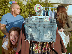 Cute brunette wants to feel a massive dick during a garage sale