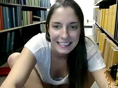 Hot Brunette Dildos Pussy In Library