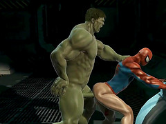 3D cartoon Spiderman getting blown and fucked by The Hulk