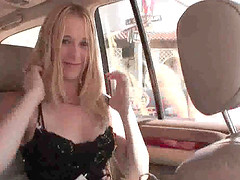 Petite teen babe plays with her pussy in the back seat of a car