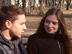 Sweet skinny chick Adel Bye drops on her knees for a big dick