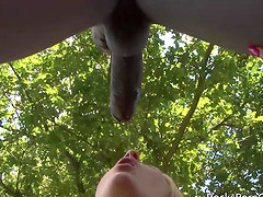 Skinny blonde sucking big black cock upsidedown