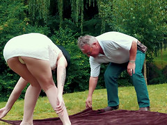 Romantic Picnic turns into sexy fuck for grandpa and her teen girlfriend teenager